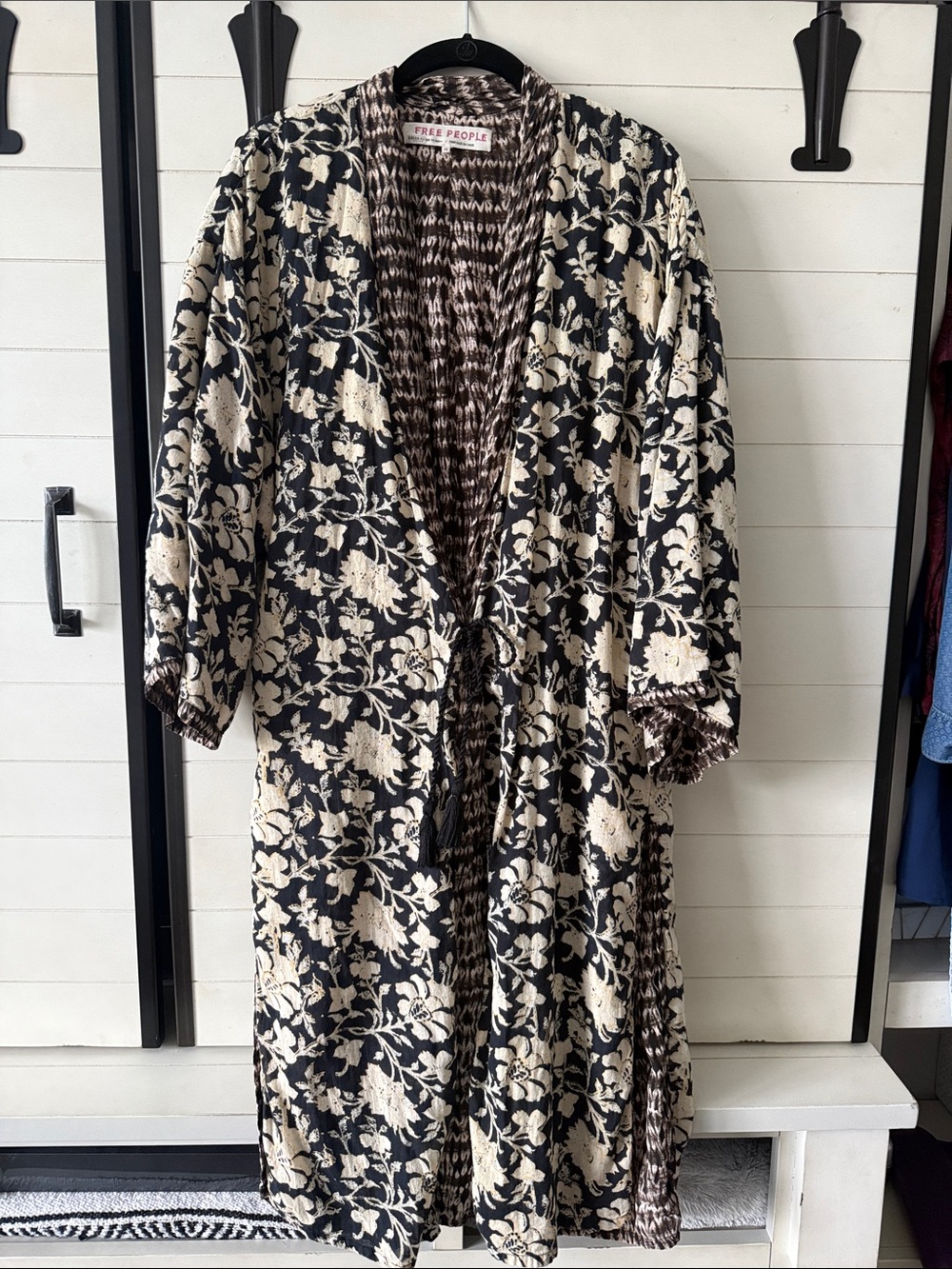 Free People Black and Cream Floral Tie-Front Kimono